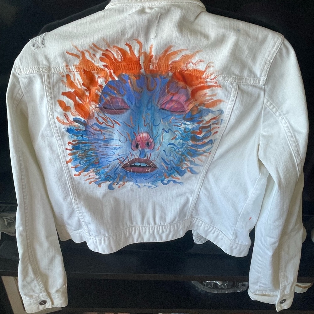 White Denim Jacket with Colorful Face Design